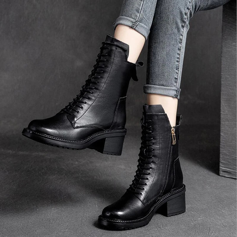 Women's Genuine Cow Leather Ankle Boots – Square Toe, Mid Heel, Lace-Up & Zipper Detail