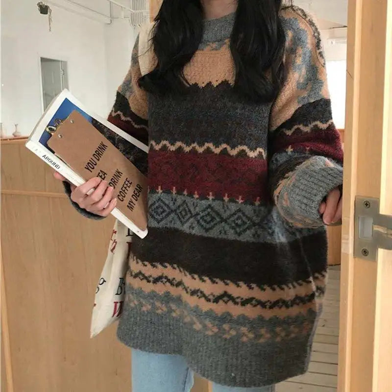 Vintage Striped Women’s Knit Sweater – Korean-Inspired Casual Style