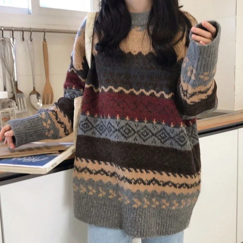 Vintage Striped Women’s Knit Sweater – Korean-Inspired Casual Style