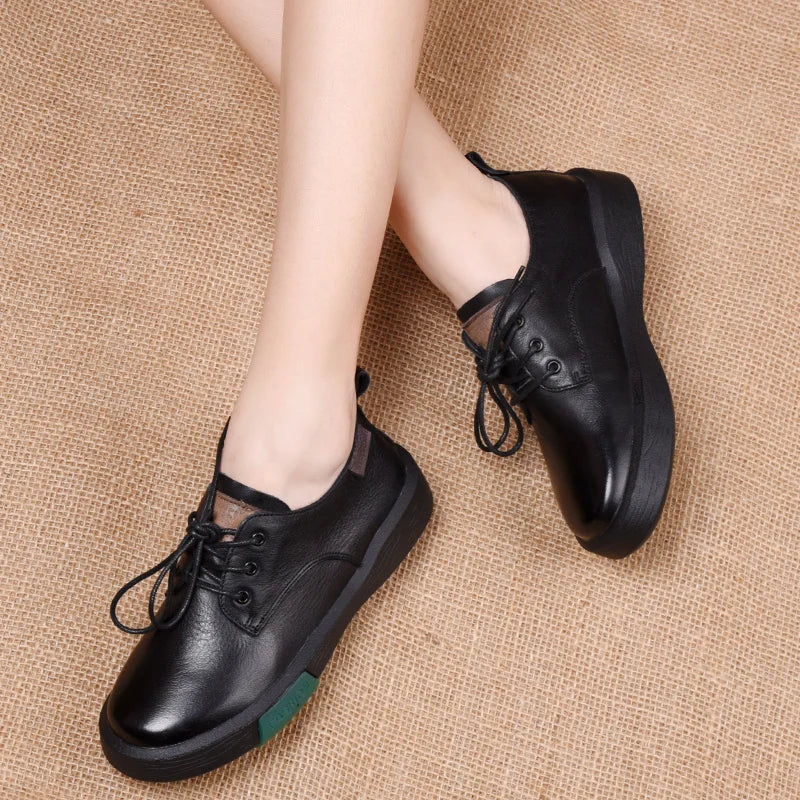 Women's Retro Cow Leather Loafers – Handmade Casual Lace-Up Flats