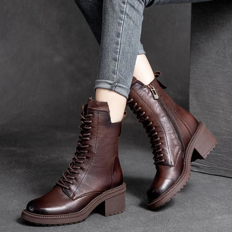 Women's Genuine Cow Leather Ankle Boots – Square Toe, Mid Heel, Lace-Up & Zipper Detail