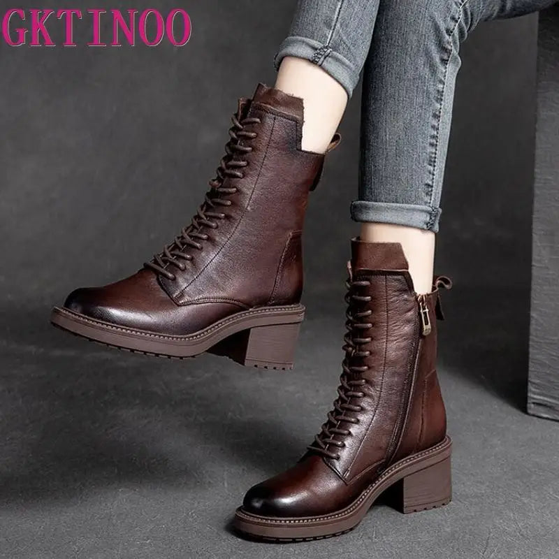 Women's Genuine Cow Leather Ankle Boots – Square Toe, Mid Heel, Lace-Up & Zipper Detail