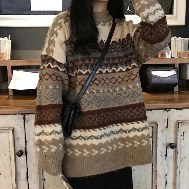 Vintage Striped Women’s Knit Sweater – Korean-Inspired Casual Style