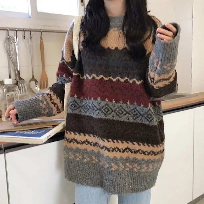 Vintage Striped Women’s Knit Sweater – Korean-Inspired Casual Style