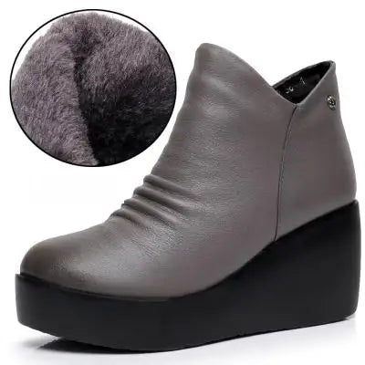 Women's Genuine Leather Wedge Ankle Boots – Winter Platform Snow Boots