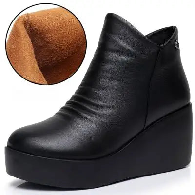 Women's Genuine Leather Wedge Ankle Boots – Winter Platform Snow Boots