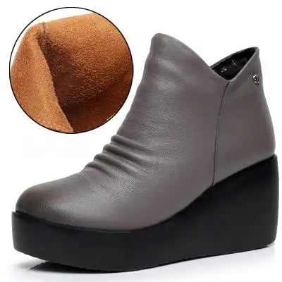 Women's Genuine Leather Wedge Ankle Boots – Winter Platform Snow Boots