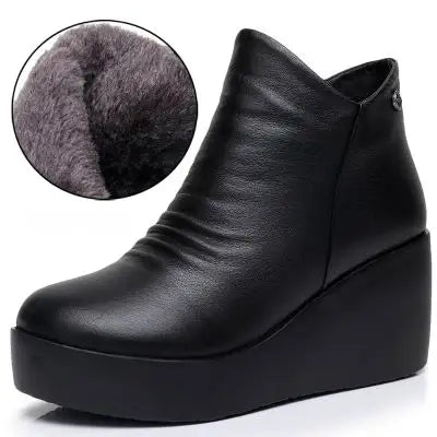 Women's Genuine Leather Wedge Ankle Boots – Winter Platform Snow Boots