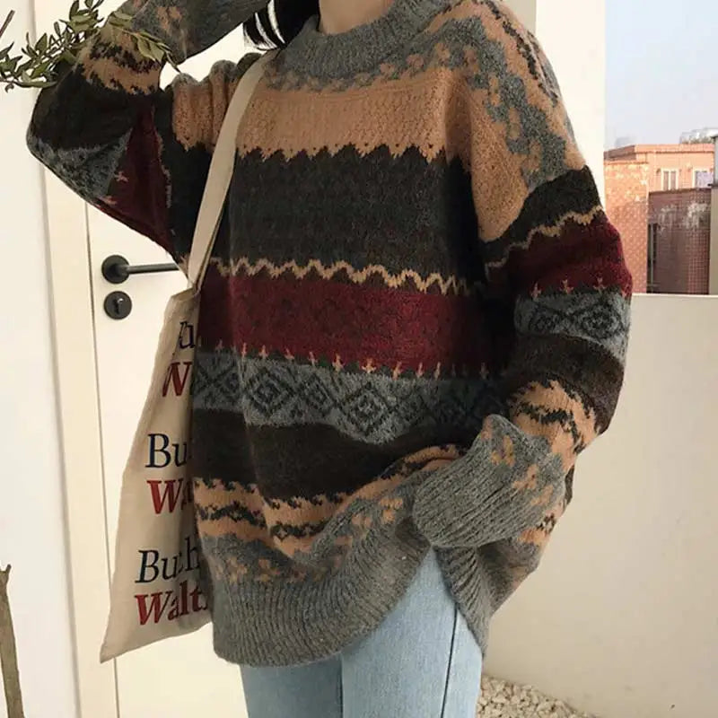 Vintage Striped Women’s Knit Sweater – Korean-Inspired Casual Style