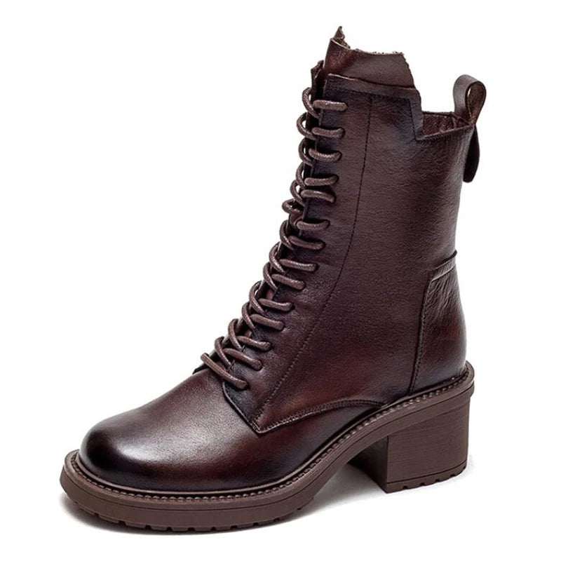 Women's Genuine Cow Leather Ankle Boots – Square Toe, Mid Heel, Lace-Up & Zipper Detail