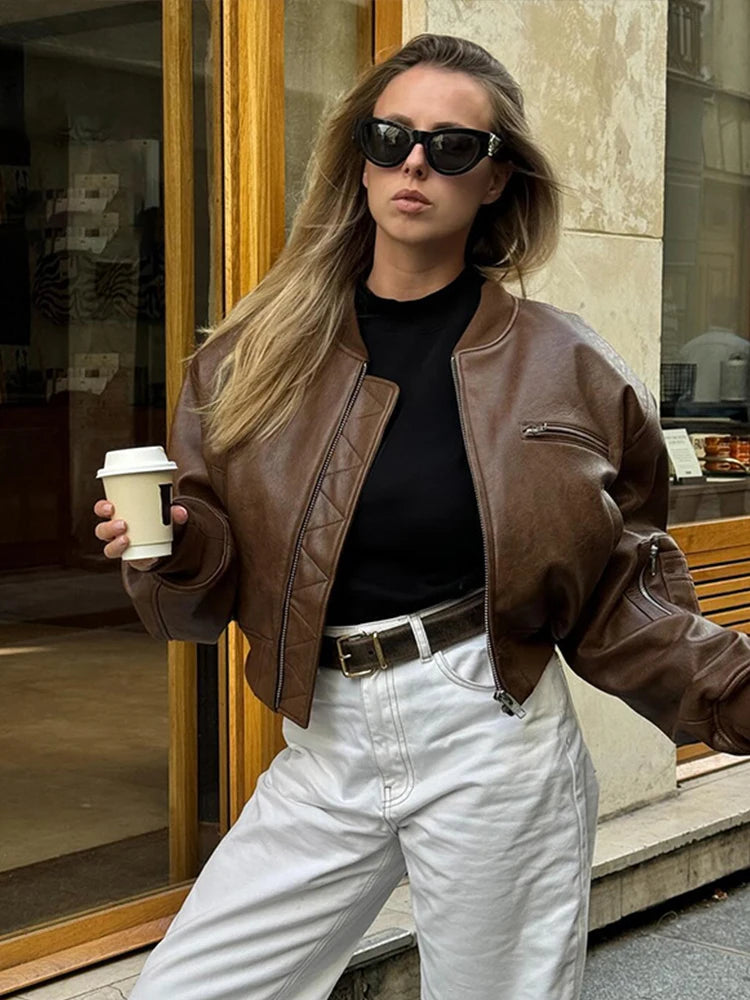 Vintage-Inspired Brown Faux Shearling Cropped Bomber Jacket