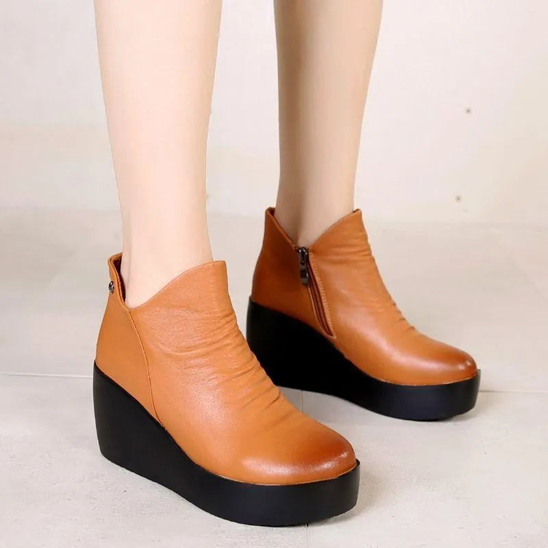 Women's Genuine Leather Wedge Ankle Boots – Winter Platform Snow Boots