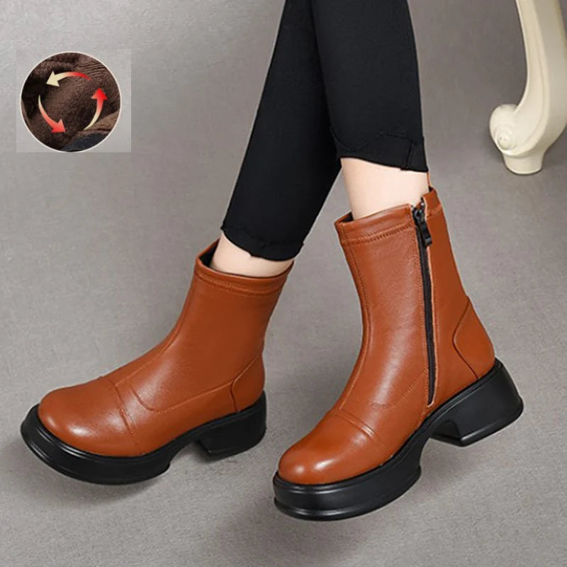 Women's Genuine Leather Ankle Boots – Handmade Winter Platform Boots with Square Heel