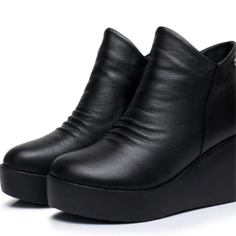 Women's Genuine Leather Wedge Ankle Boots – Winter Platform Snow Boots