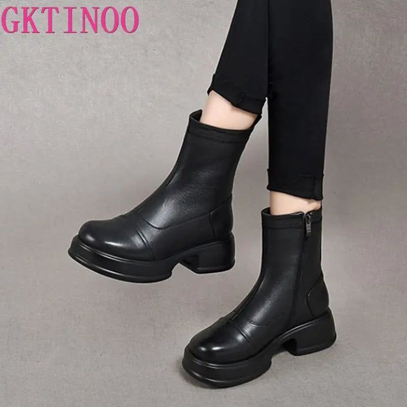 Women's Genuine Leather Ankle Boots – Handmade Winter Platform Boots with Square Heel