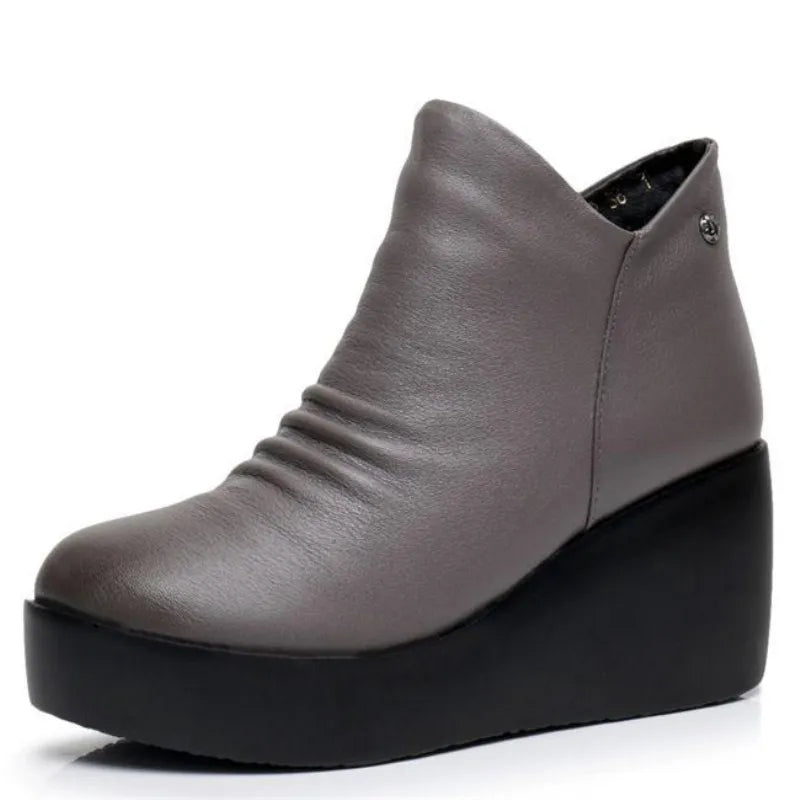 Women's Genuine Leather Wedge Ankle Boots – Winter Platform Snow Boots