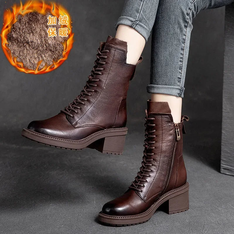 Women's Genuine Cow Leather Ankle Boots – Square Toe, Mid Heel, Lace-Up & Zipper Detail