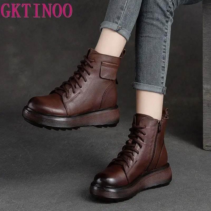 Women's Genuine Leather Ankle Boots – Winter Lace-Up Flat Boots with Side Zip