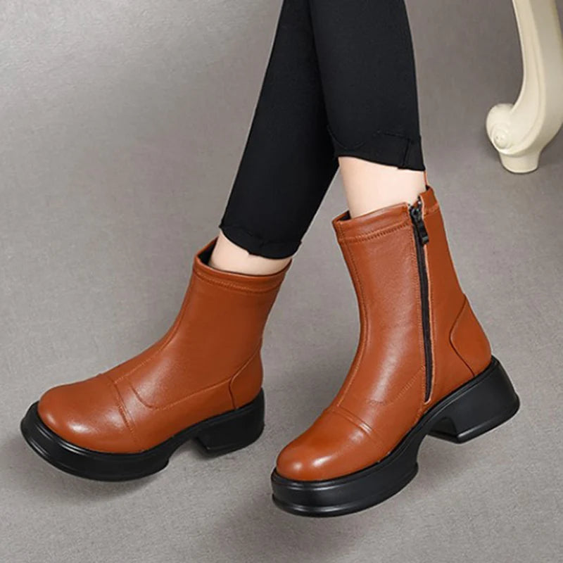 Women's Genuine Leather Ankle Boots – Handmade Winter Platform Boots with Square Heel