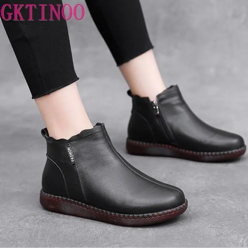 Women’s Genuine Cow Leather Ankle Boots – Plush Lined, Flat Heel, Comfortable Winter Booties