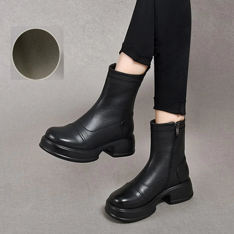 Women's Genuine Leather Ankle Boots – Handmade Winter Platform Boots with Square Heel