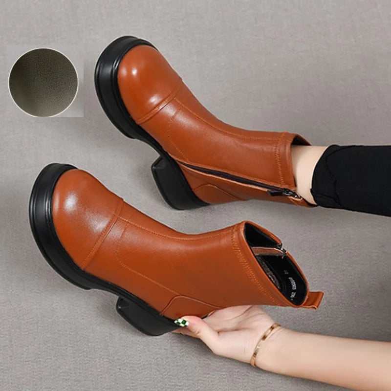 Women's Genuine Leather Ankle Boots – Handmade Winter Platform Boots with Square Heel