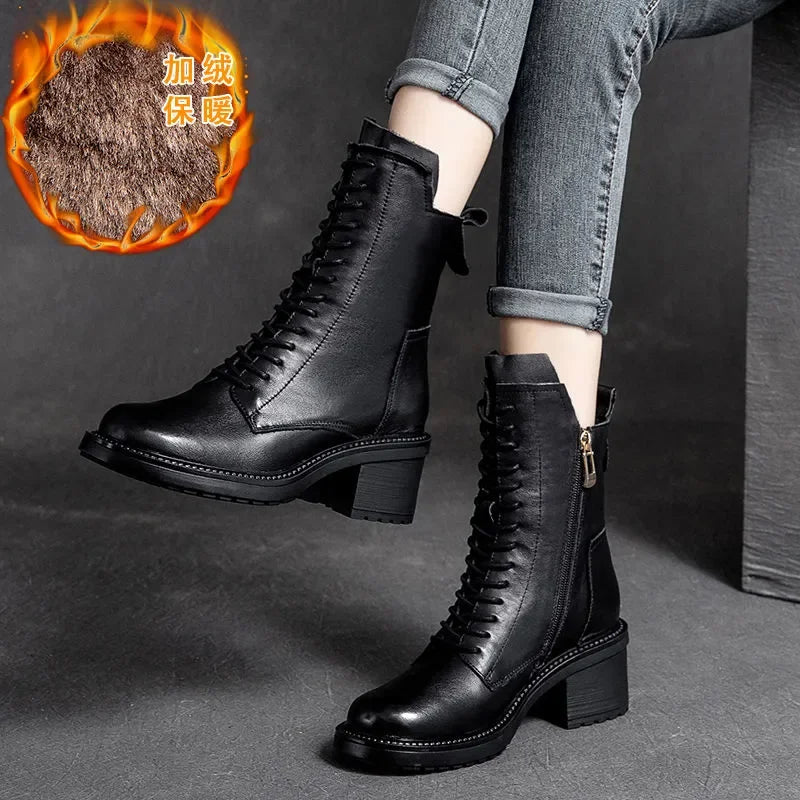 Women's Genuine Cow Leather Ankle Boots – Square Toe, Mid Heel, Lace-Up & Zipper Detail