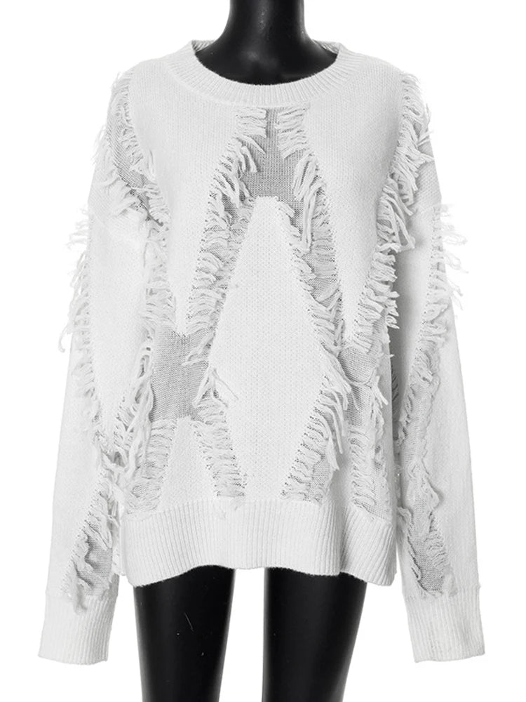 Irregular Patchwork Tassel Sweater – Women’s Fall Streetwear