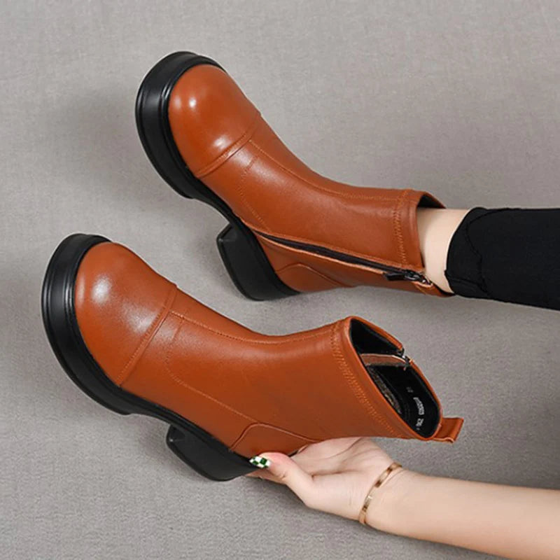 Women's Genuine Leather Ankle Boots – Handmade Winter Platform Boots with Square Heel