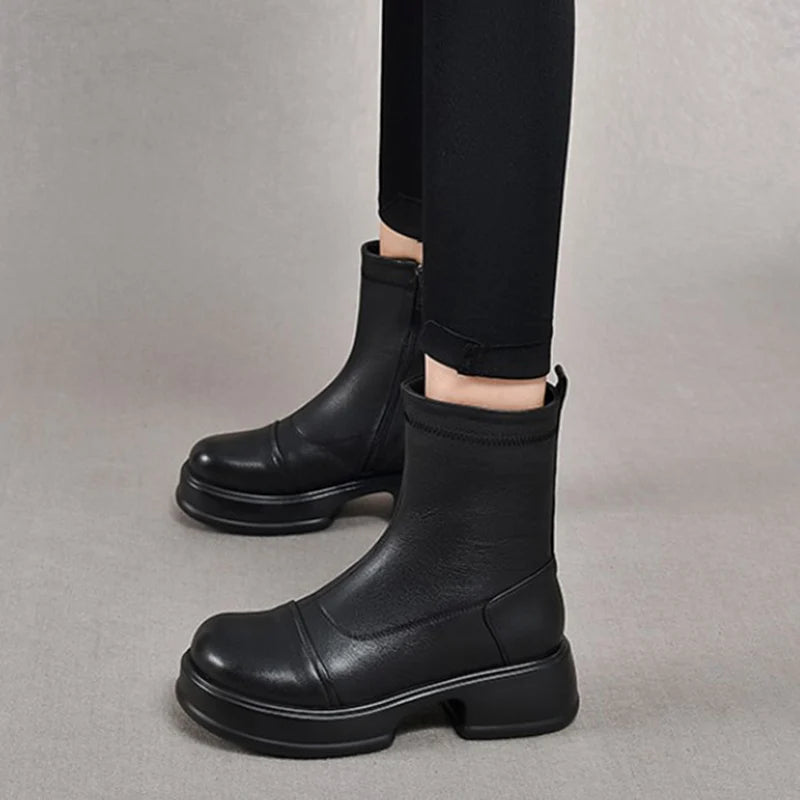 Women's Genuine Leather Ankle Boots – Handmade Winter Platform Boots with Square Heel