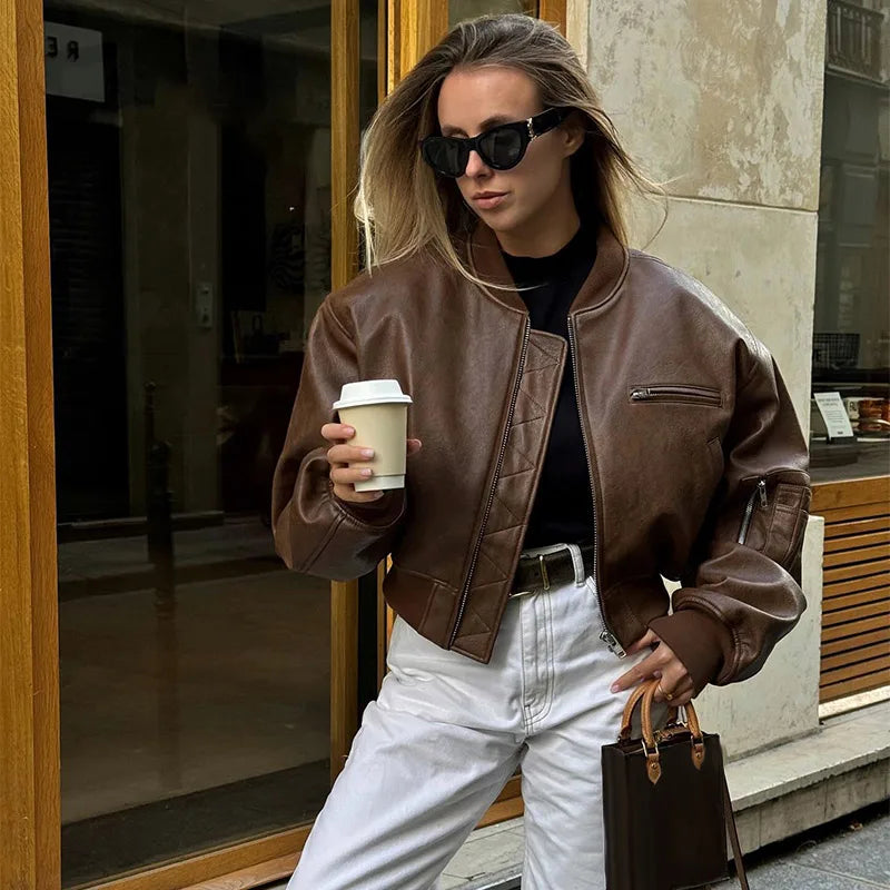 Vintage-Inspired Brown Faux Shearling Cropped Bomber Jacket