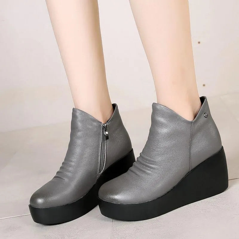 Women's Genuine Leather Wedge Ankle Boots – Winter Platform Snow Boots