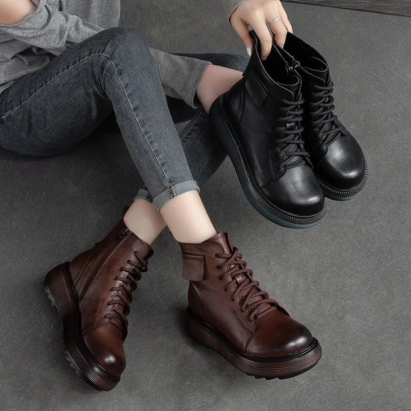 Women's Genuine Leather Ankle Boots – Winter Lace-Up Flat Boots with Side Zip